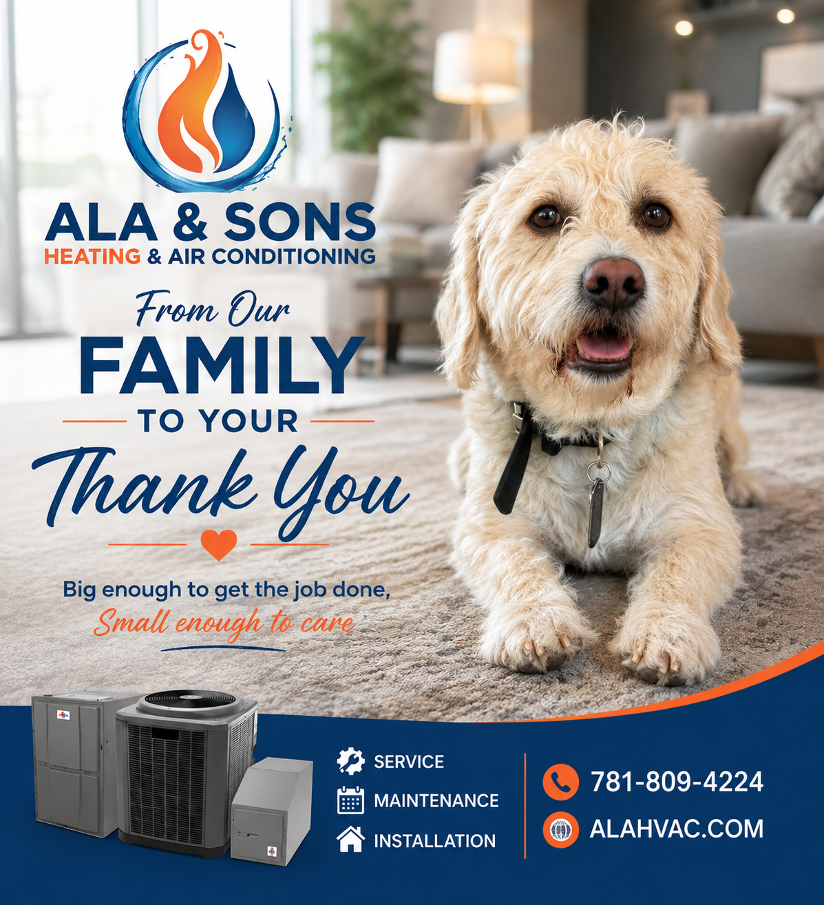 Thank-you card from the Ala & Sons Heating and Air Conditioning family, featuring our team's dog at a customer's home